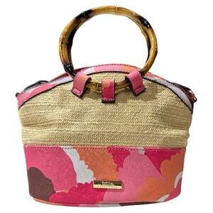 Trina Turk Rainbow Petals Floral Straw Satchel Crossbody Bag Bamboo Handles